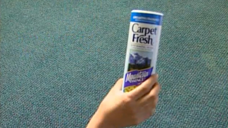 A person holding a bottle of Carpet Fresh powder