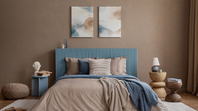 Warm brown paired with blues and cream colors