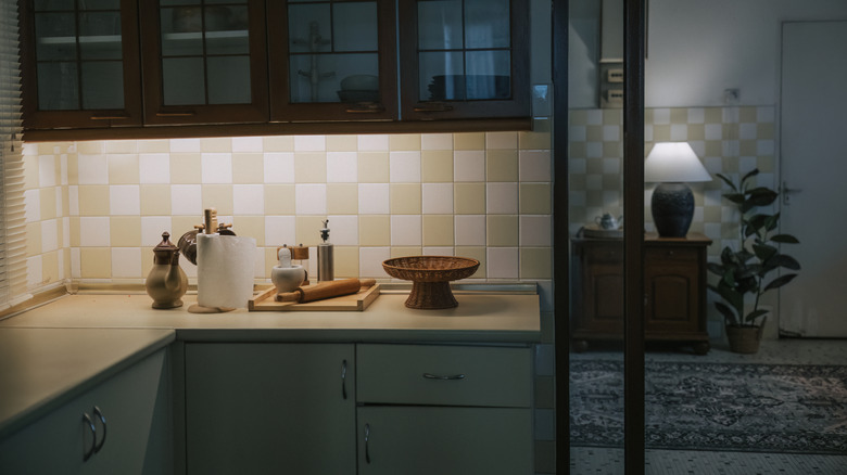 A dim kitchen with under-cabinet lighting illuminating countertop decor