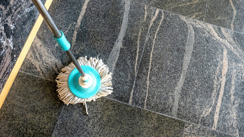 A round mop cleaning stone tiles on the floor