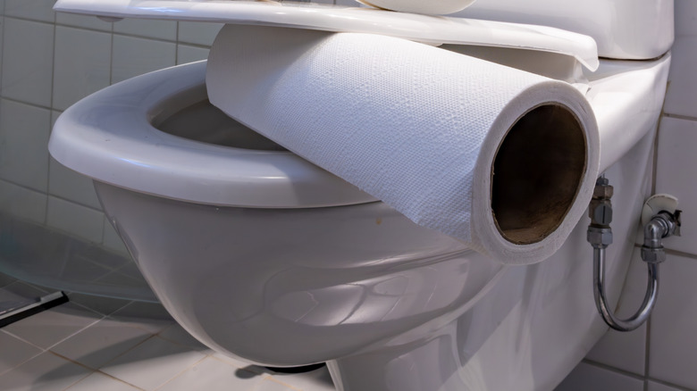 hand and scrub brush ready to clean toilet