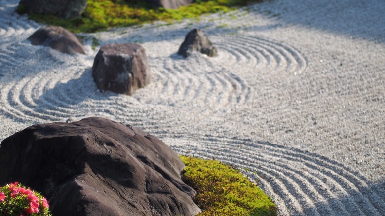Rocks and raked sand in a Japanese Zen garden