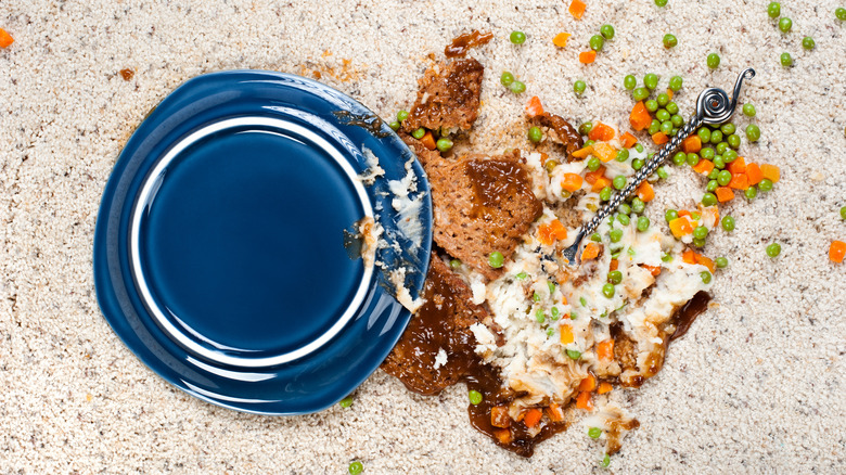 spilled food and a plate on a carpet