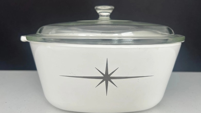 A Corningware casserole with the rare Black Star pattern
