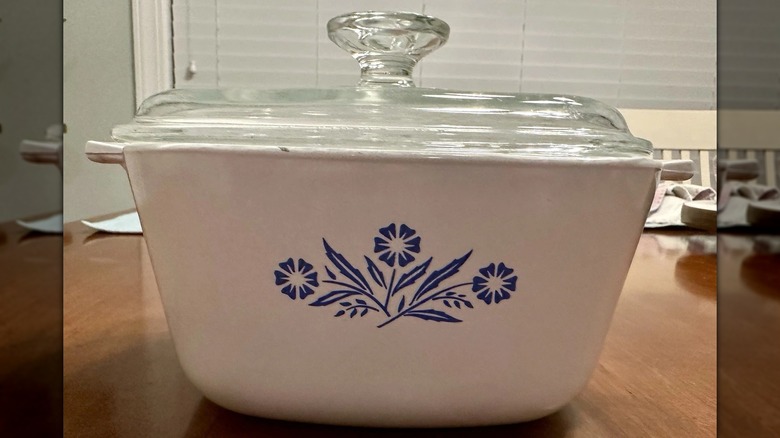 A CorningWare casserole with the iconic Cornflower Blue pattern