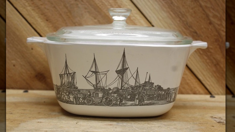 A Corningware casserole with the Renaissance pattern