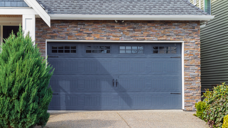 Garage with a blue door