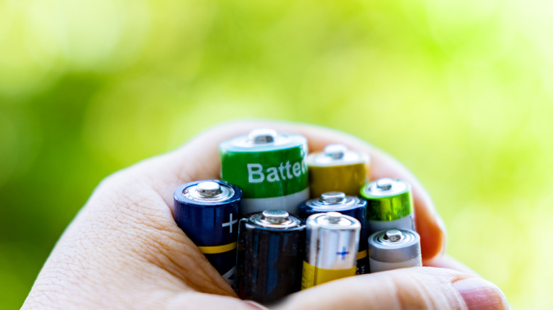 A hand holding a collection of alkaline batteries