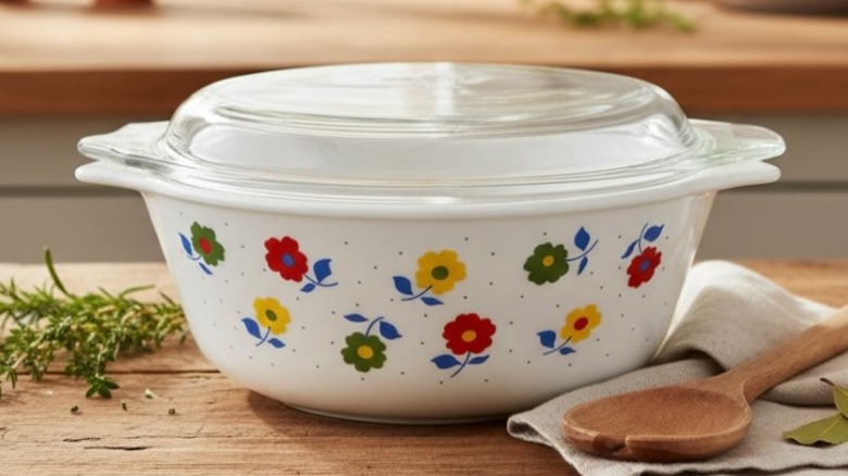 A JAJ England Pyrex Dancing Daisies casserole dish on a counter with wooden spoon and napkin.