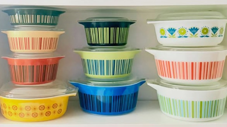 A collection of Pyrex casseroles with the barcode pattern