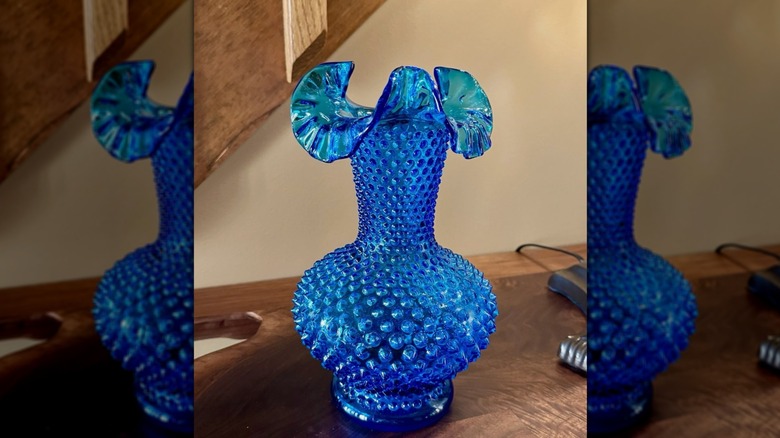 Vintage Fenton Colonial Blue Hobnail Ruffled Edged Vase.