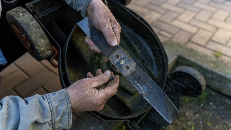 a man holds the blade of a lawn mower