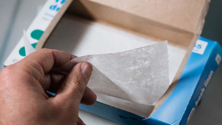 Close up of a hand pulling a dryer sheet from a stack within a box.