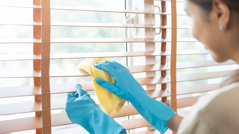 Young woman wiping blinds with a cloth