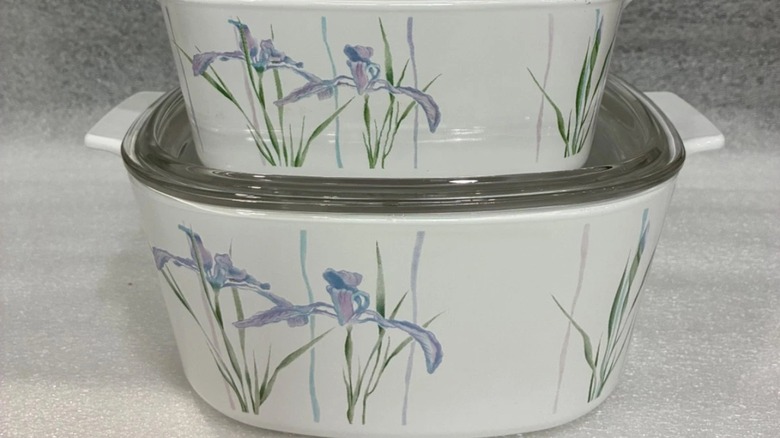 Two CorningWare casserole dishes with the Shadow Iris pattern.