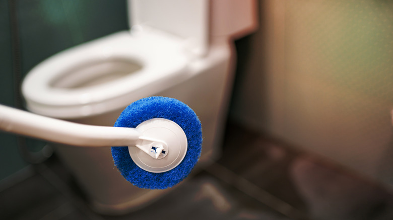 A toilet wand being held over a toilet