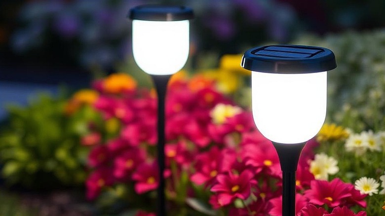 Two solar landscape lights in a garden with red and yellow flowers