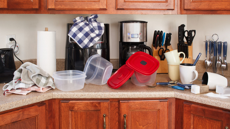 Clutter on a kitchen countertop