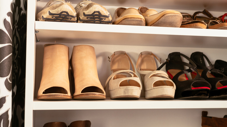 Shoes stacked neatly on a bookshelf.
