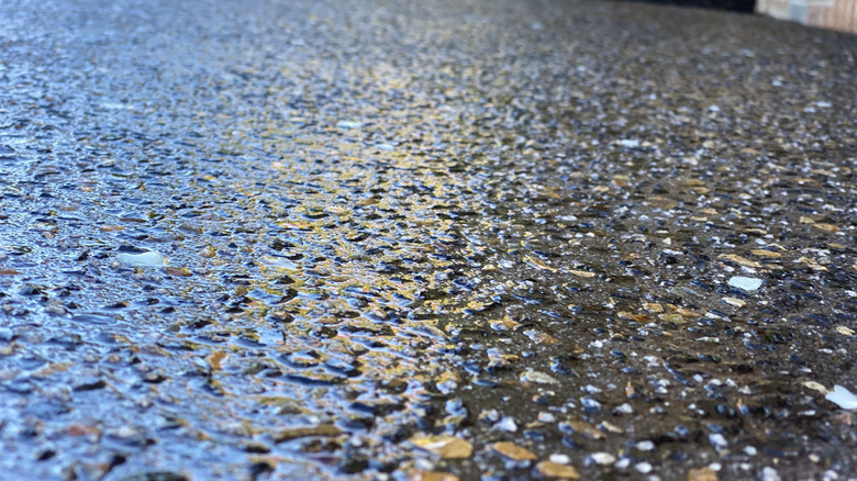 A close-up of wet aggregate concrete mix