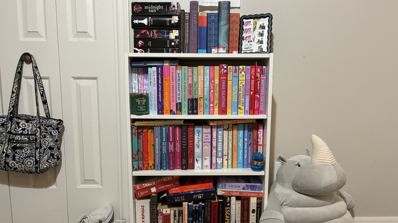 An overflowing bookcase with colorful novels