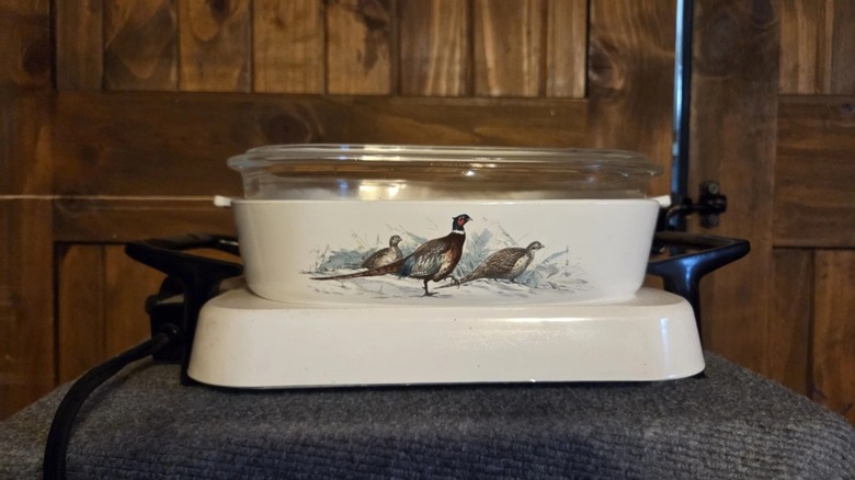 A Corning Ware P-16 skillet with the Game Birds pattern