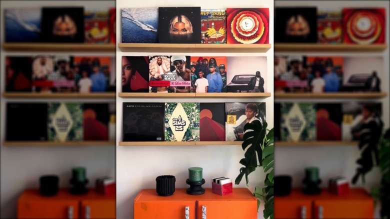 IKEA shelves with records displayed on wall