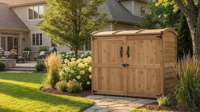 Outdoor Living Today Trash Can Storage Shed in front yard