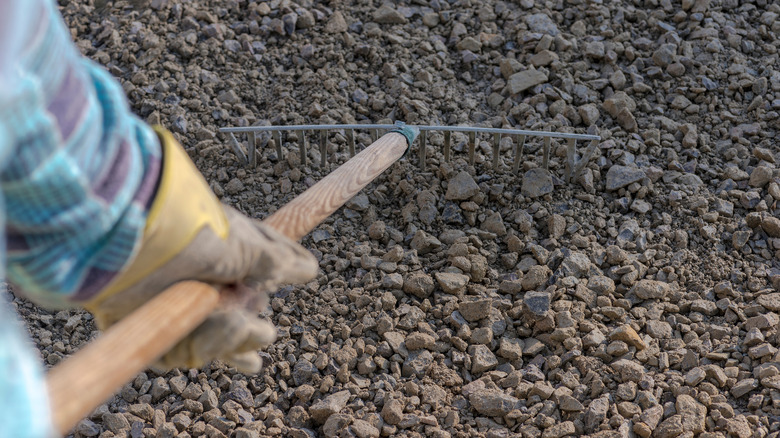 A person uses a rake to smooth a gravels surface.