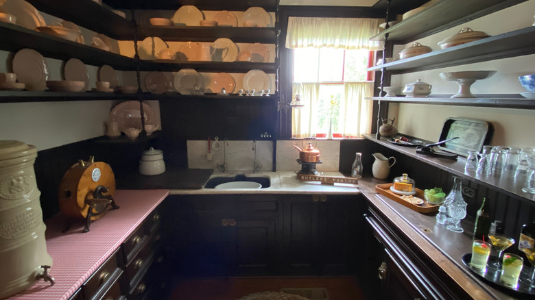 U-shaped butler's pantry lined with open shelves.