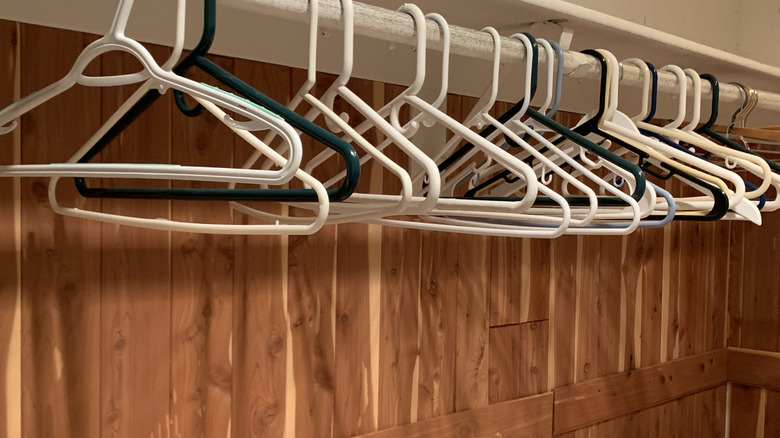 Old hangers on rod in cedar closet.