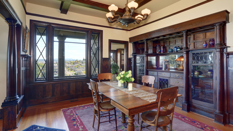 Historic dining room with built-in cabinetry.