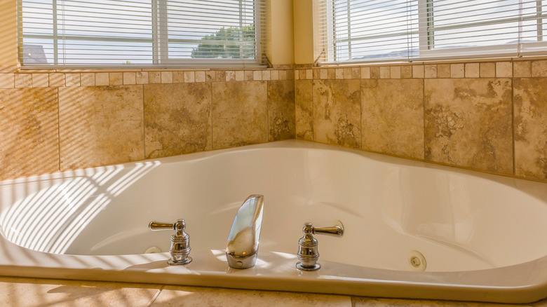 A large heart-shaped bathtub in a bathroom