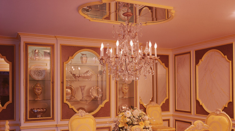 Several mirrors in an 80s-style dining room