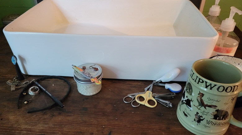 Clutter around a bathroom vanity