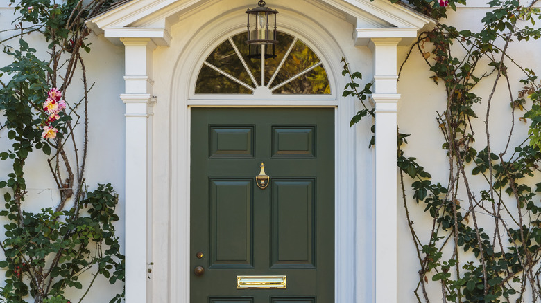 dark forest green front door with climbing plants surrounding home's front entrance