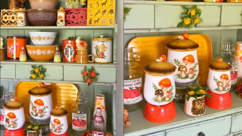 Merry Mushroom decor on kitschy retro green kitchen shelf with other vintage cozy decor