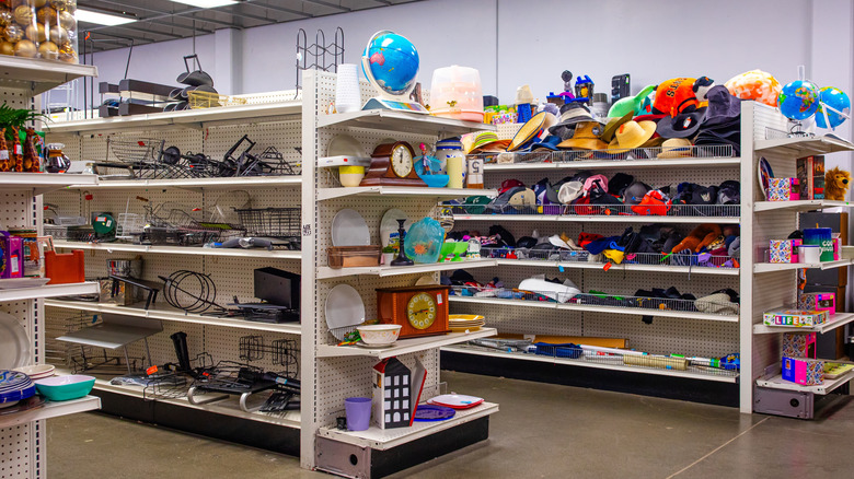 loaded shelves in a thrift store