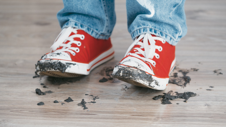 Red canvas shoes with mud on soles