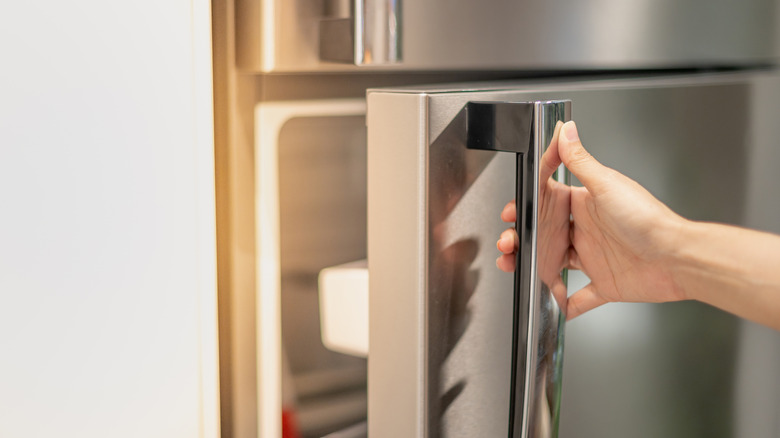 Hand opening a refrigerator door