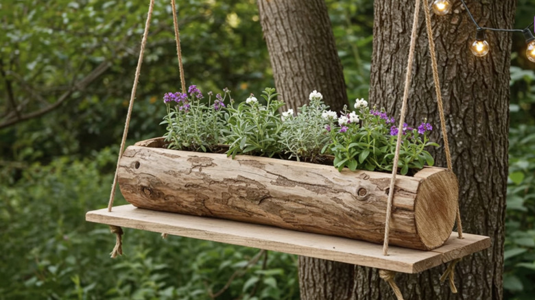 log used as hanging planter