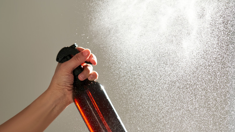 Hand spraying fine mist from brown spray bottle.