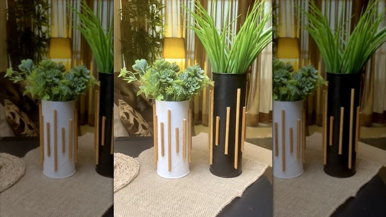 Painted chip container planters with bamboo accents