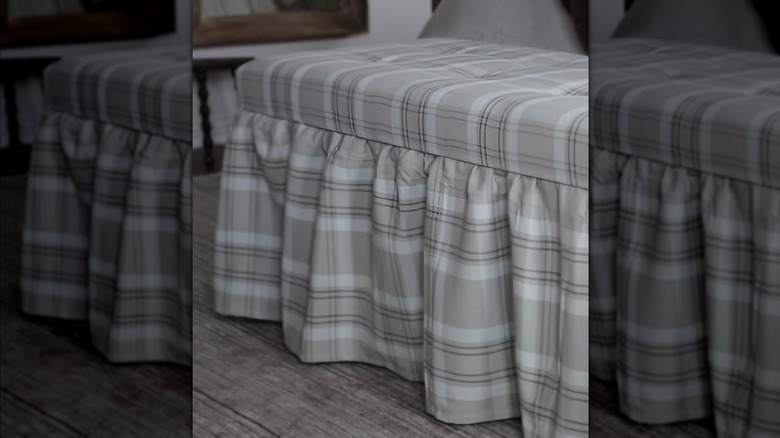 ruffle skirted bench made from IKEA curtains and tufted bench