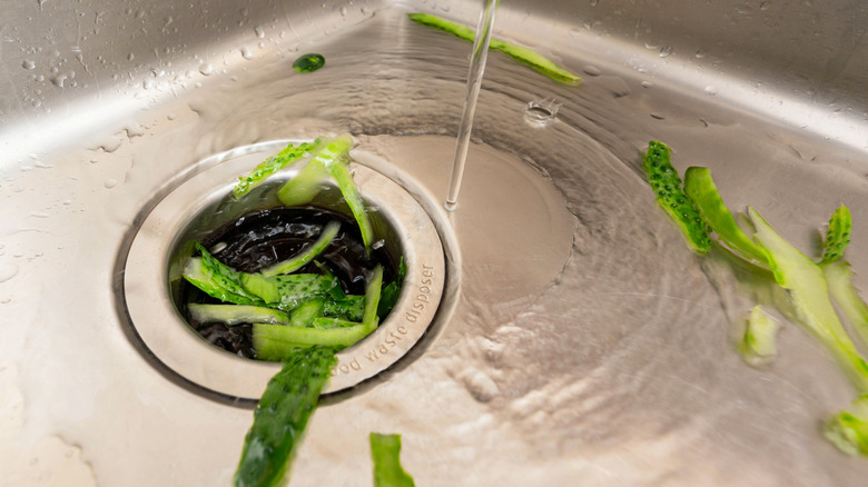 vegetable scraps going down drain with water