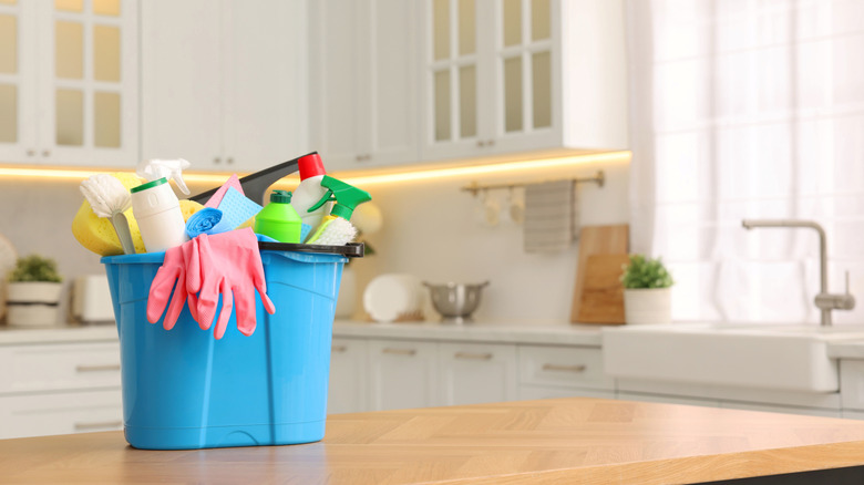 cleaning tools on a kitchen counter