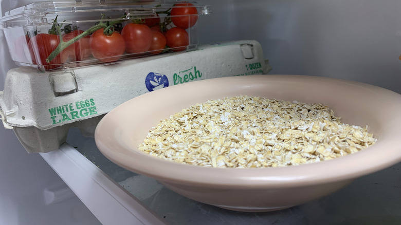 a bowl of oats in the fridge