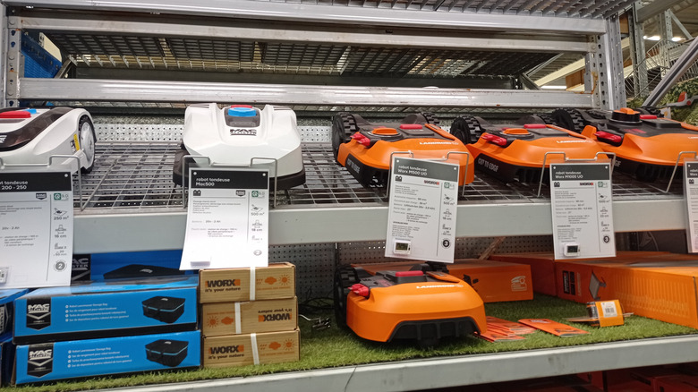 robot lawn mowers on shelves at a store