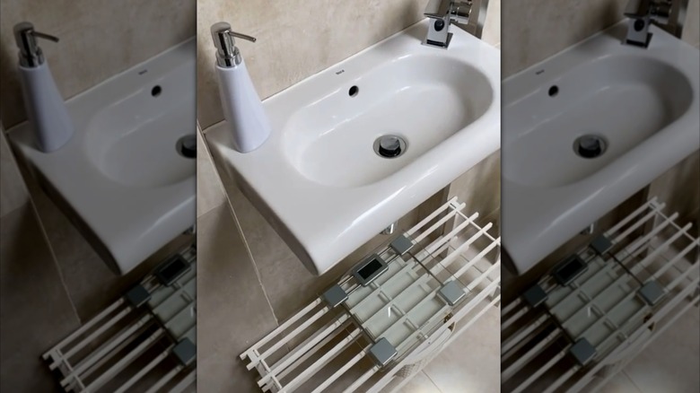 Two tier shoe rack and storage under pedestal sink