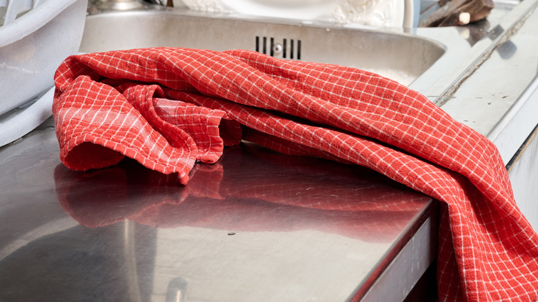 Red kitchen towel on a counter